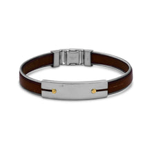 Load image into Gallery viewer, 8.5&quot; Stainless Steel and Leather Men&#39;s Bracelet with 18 Karat Gold Accents
