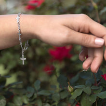 Load image into Gallery viewer, Rhodium Plated Double Strand Cross Charm Bracelet
