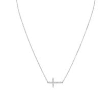 Load image into Gallery viewer, 16&quot; + 2&quot; Rhodium Plated CZ Sideways Cross Necklace
