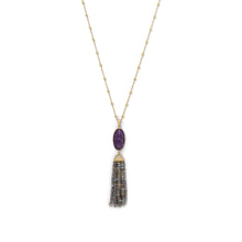 Load image into Gallery viewer, 14 Karat Gold Plated Amethyst and Labradorite Tassel Necklace
