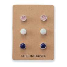 Load image into Gallery viewer, Set of 3 Synthetic White Opal, Lapis, and Rose Quartz Button Studs
