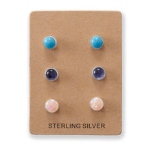 Load image into Gallery viewer, Set of 3 Synthetic Pink Opal, Reconstituted Turquoise, and Iolite Button Studs
