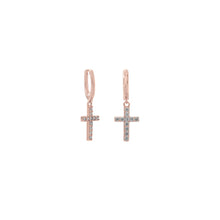 Load image into Gallery viewer, 14 Karat Rose Gold Plated Hoop Earrings with CZ Cross
