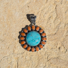 Load image into Gallery viewer, Reconstituted Turquoise and Coral Sunburst Pendant

