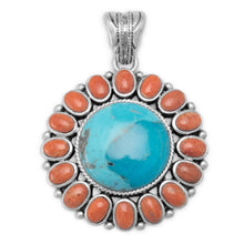 Load image into Gallery viewer, Reconstituted Turquoise and Coral Sunburst Pendant
