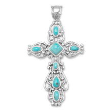 Load image into Gallery viewer, Ornate Oxidized Reconstituted Turquoise Cross Pendant
