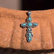 Load image into Gallery viewer, Ornate Oxidized Reconstituted Turquoise Cross Pendant
