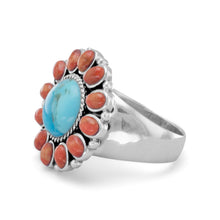 Load image into Gallery viewer, Reconstituted Turquoise and Coral Sunburst Ring
