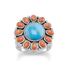 Load image into Gallery viewer, Reconstituted Turquoise and Coral Sunburst Ring
