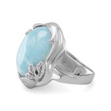 Load image into Gallery viewer, Rhodium Plated Larimar Ring with Leaf Design
