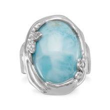 Load image into Gallery viewer, Rhodium Plated Larimar Ring with Leaf Design
