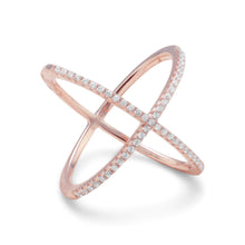 Load image into Gallery viewer, 18 Karat Rose Gold Plated Criss Cross &#39;X&#39; Ring with Signity CZs
