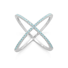 Load image into Gallery viewer, Rhodium Plated Criss Cross &#39;X&#39; Ring with Blue CZs
