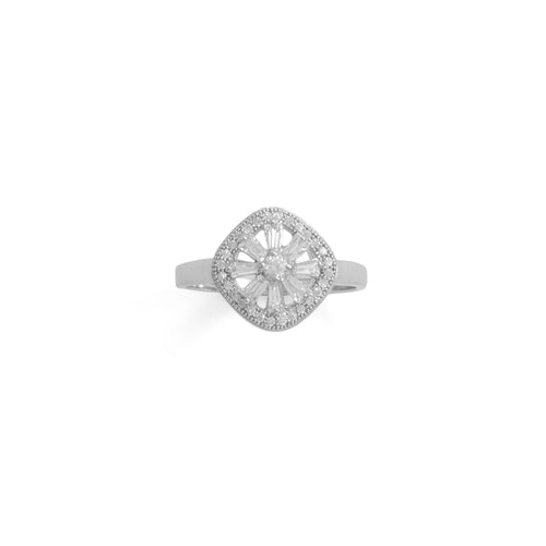 Rhodium Plated Baguette CZ Cushion Shaped Ring